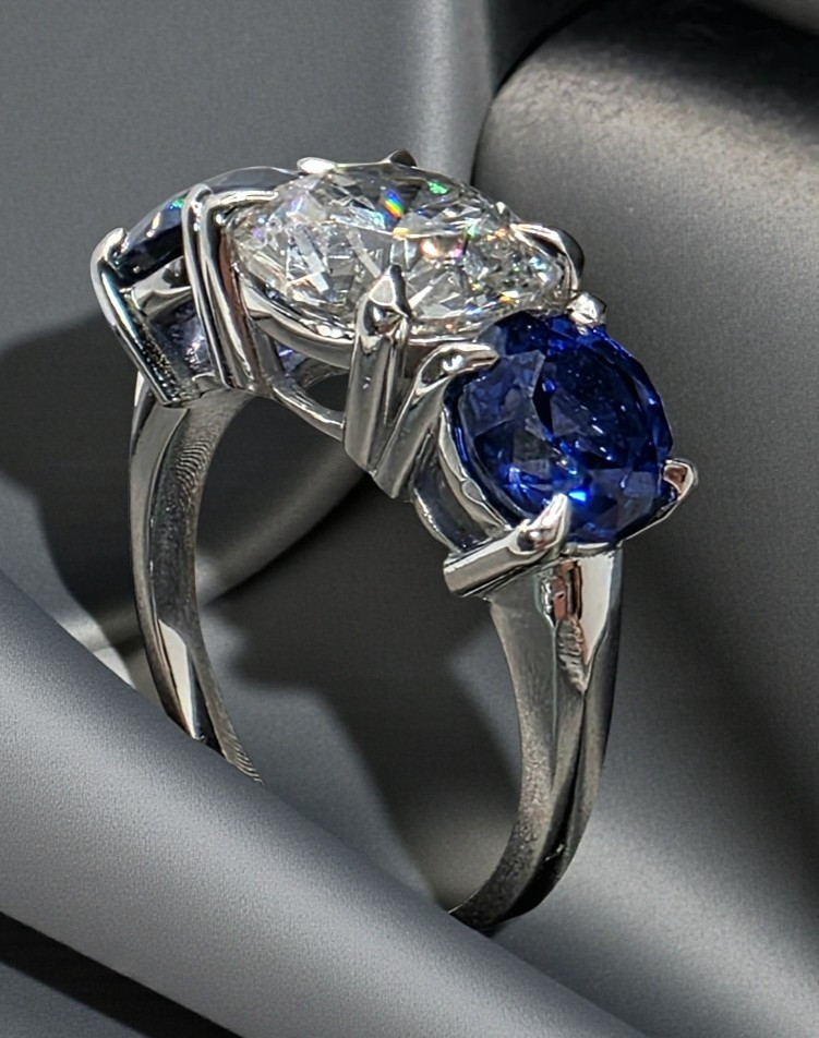 4.00 Ct E VS1 Sapphire and Diamond Lab Grown 3 Stone Ring 14k White Gold