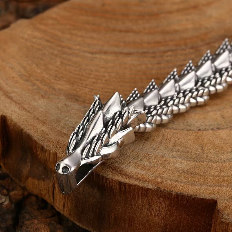 Pure S925 Sterling Silver Chain 12mm Dragonscale Bone Link Bracelet 7.1-8.3inch