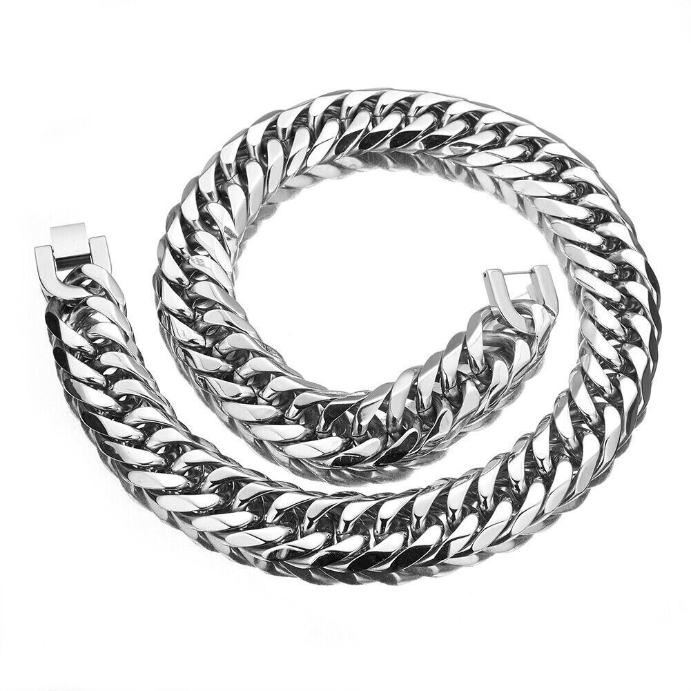 HEAVY 19/21mm Silver Cut Curb Cuban Link Chain 316L Stainless Steel Men Necklace
