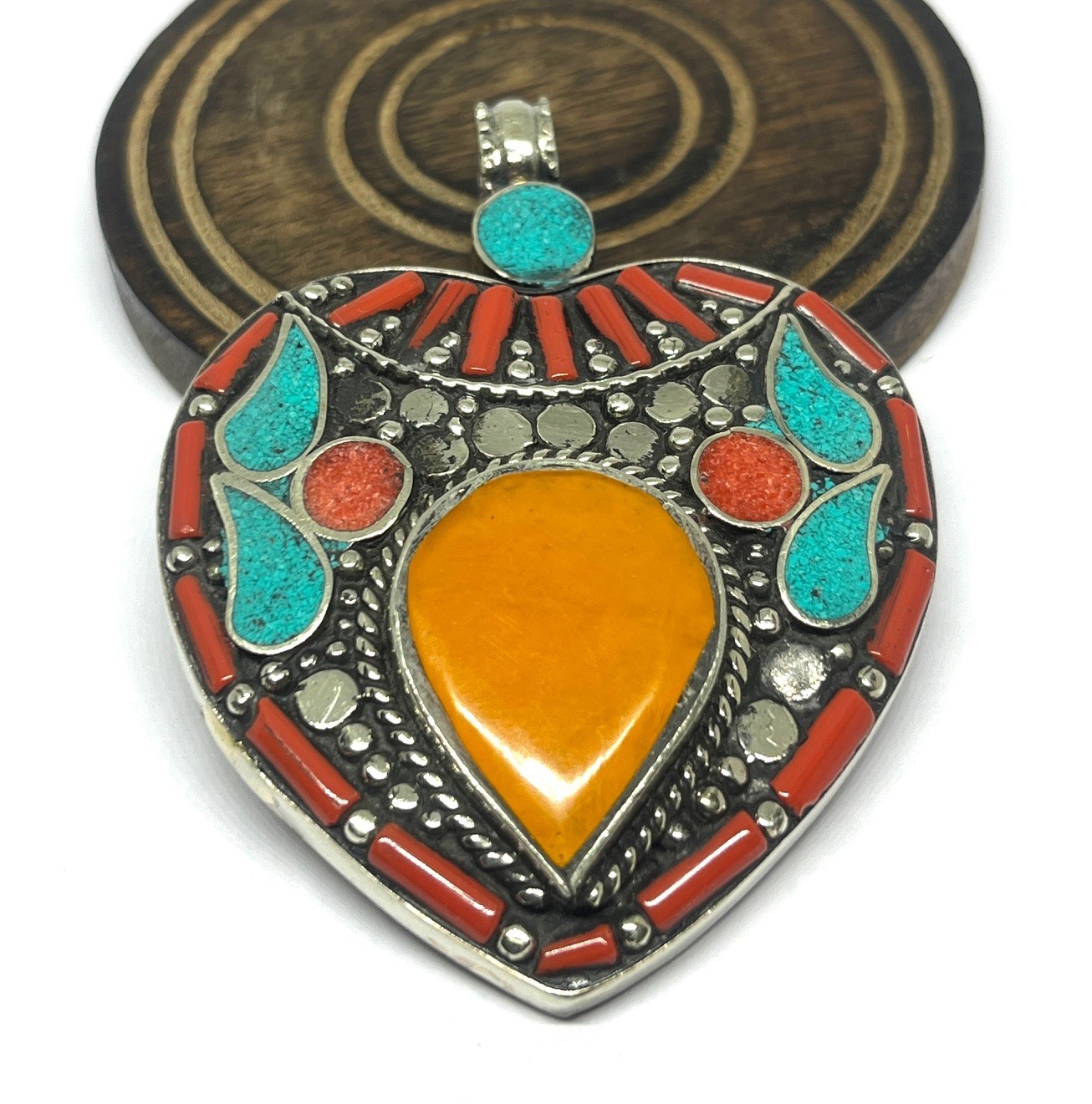 Vintage Coral Turquoise Amber Gemstone Tibetan Style Pendant Jewelry, 2.9 inch