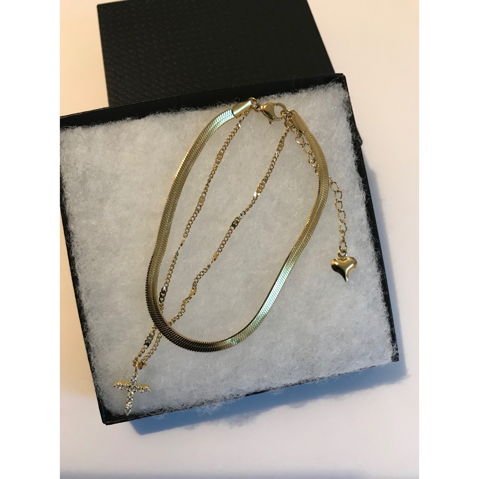 Faith Inspired Crosse Bracelet with Double Strand Sleek Herringbone Snake Chain