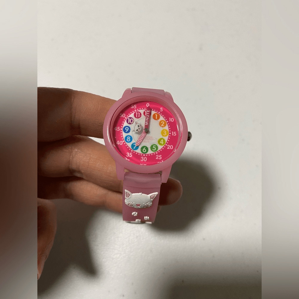 Preschool teaching time 3D Kitty cat Theme Watch clock Kids girls splash proof