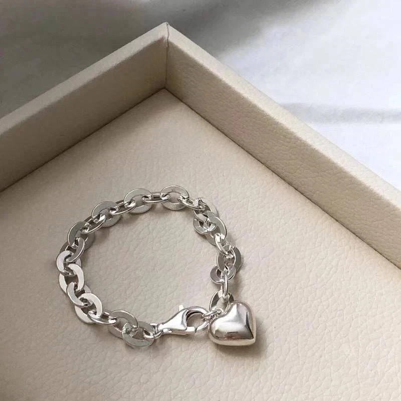 925 Sterling Silver Vintage heart Pendant Bracelet Simple Retro Men Women Gift