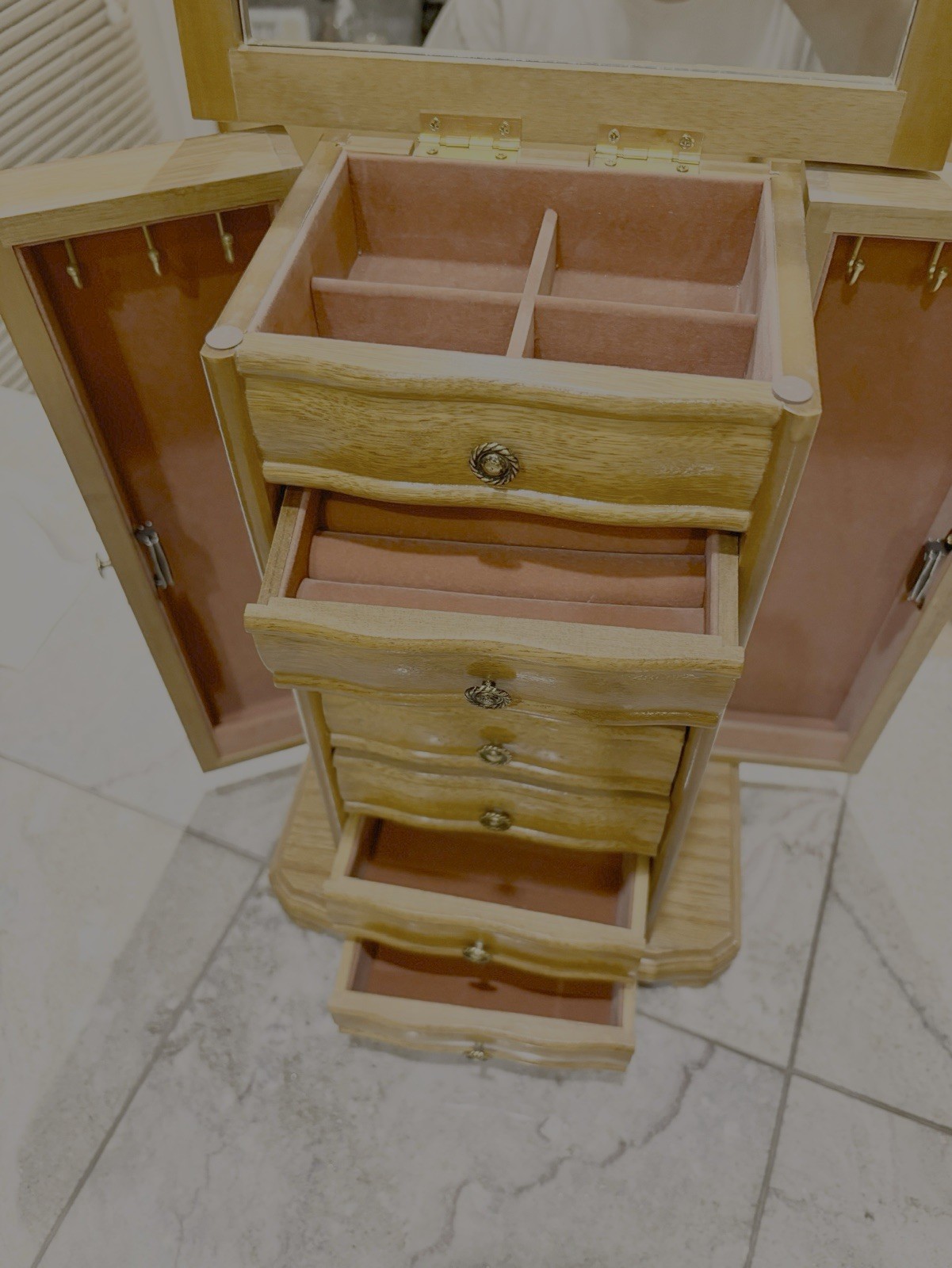Vintage Wooden Jewelry Armoire Box Tower 7 Drawer Flip Mirror Necklace Doors⁠
