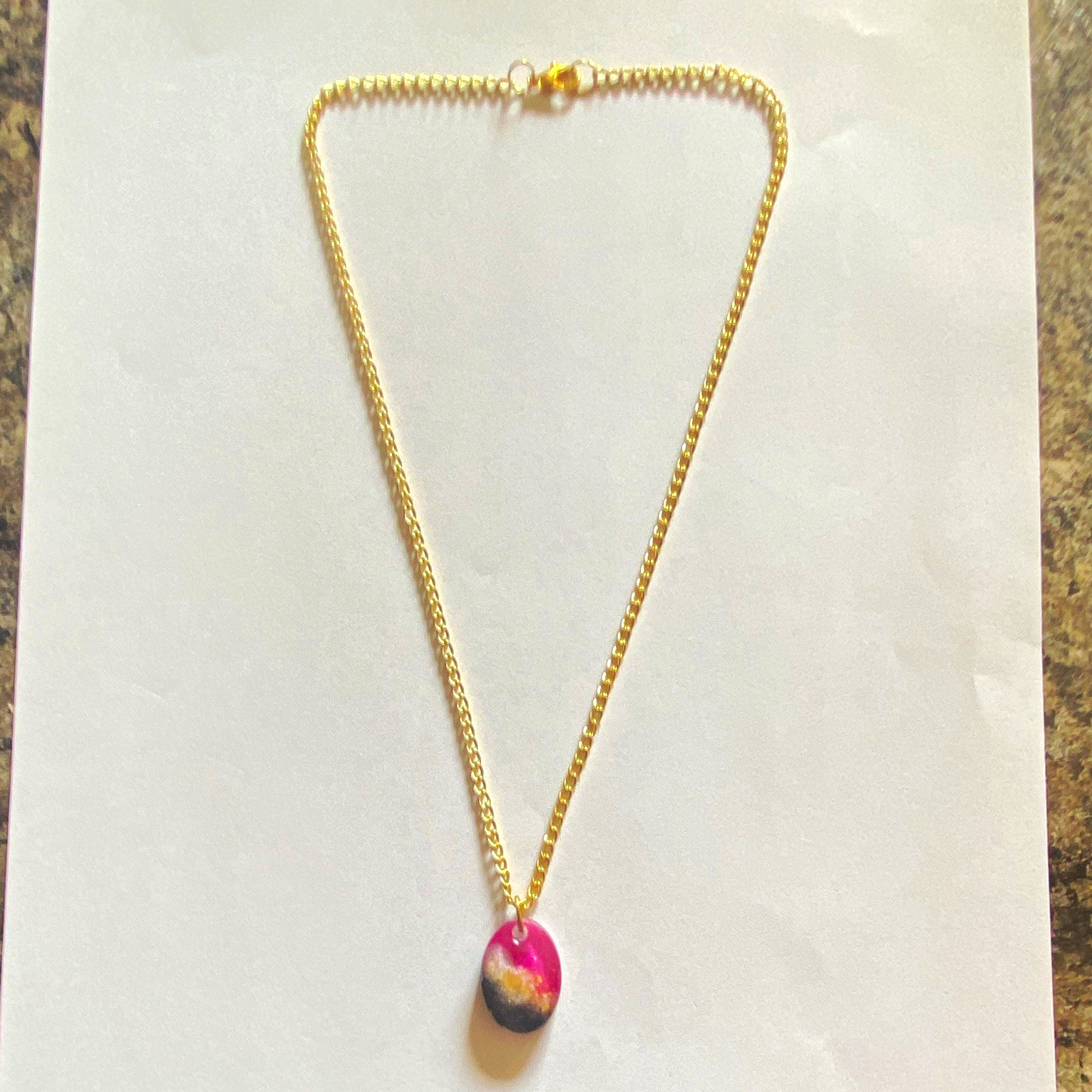 Gold-Tone Chain Necklace Pink/ Black / White Resin Charm Pendant HOMEMADE Lot# 7