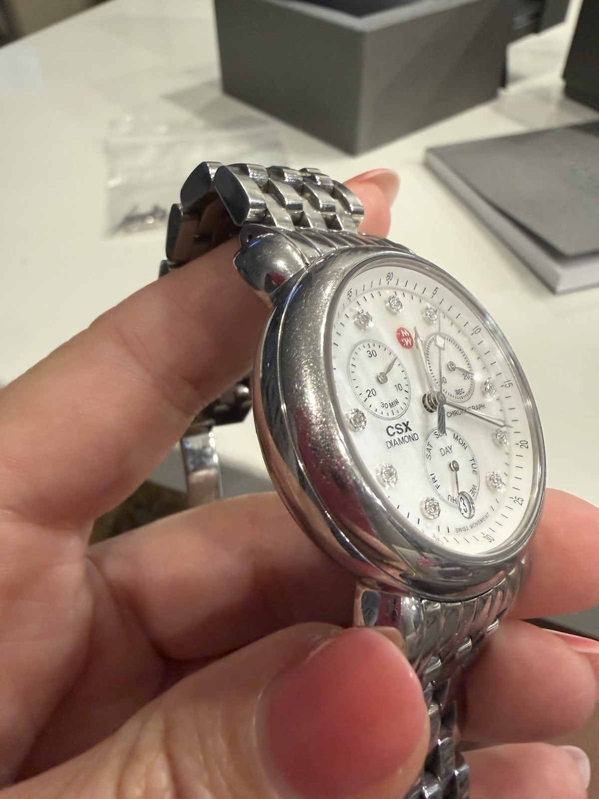 MICHELE CSX Diamond Chronograph Quartz Watch Diamond Markers MOP Dial Box
