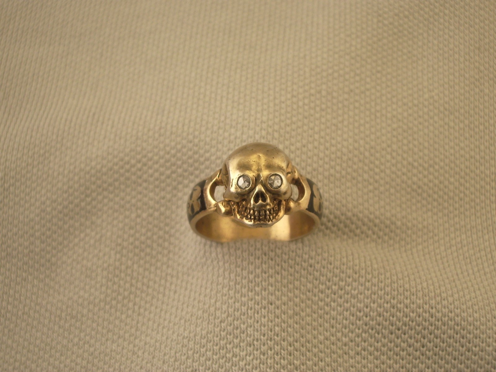 Antique Vtg Gold plated silver enamel diamond masonic memento mori ring Sz7.5