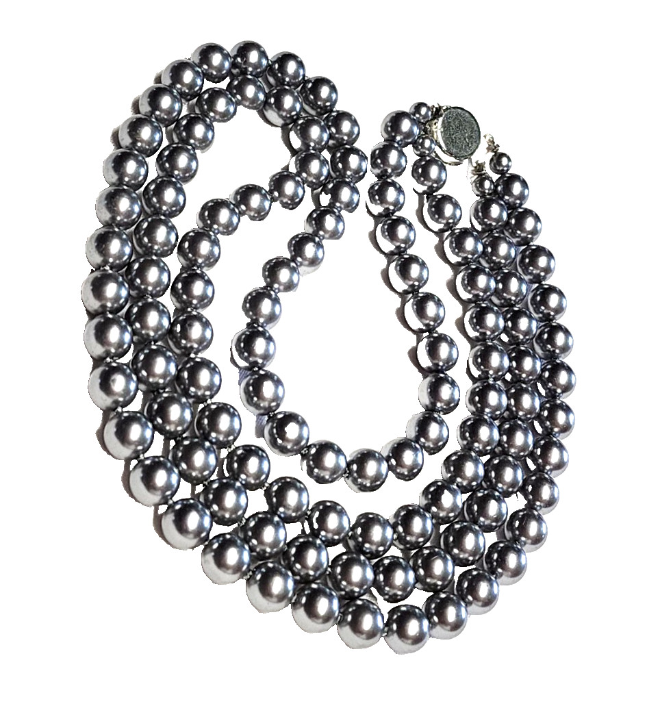 Vintage Silver Gray Long Faux Glass Pearl Necklace Pretty Push Lock Clasp 22”