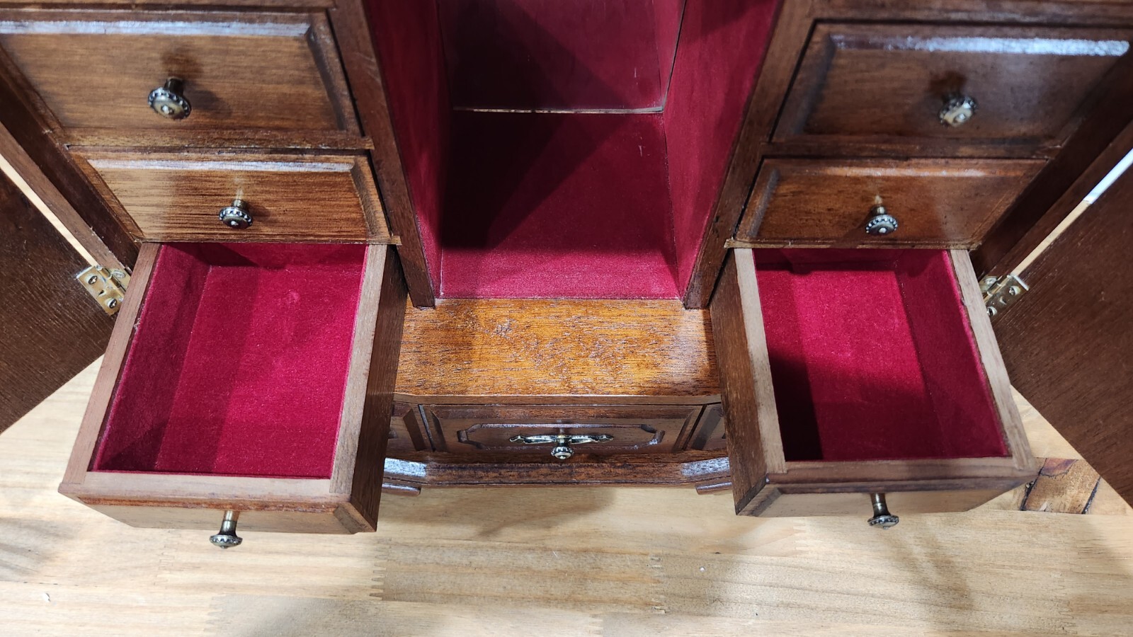 Wood Jewelry Box Table Top Velvet Lined Drawers 13″ X 14″ Vintage Taiwan