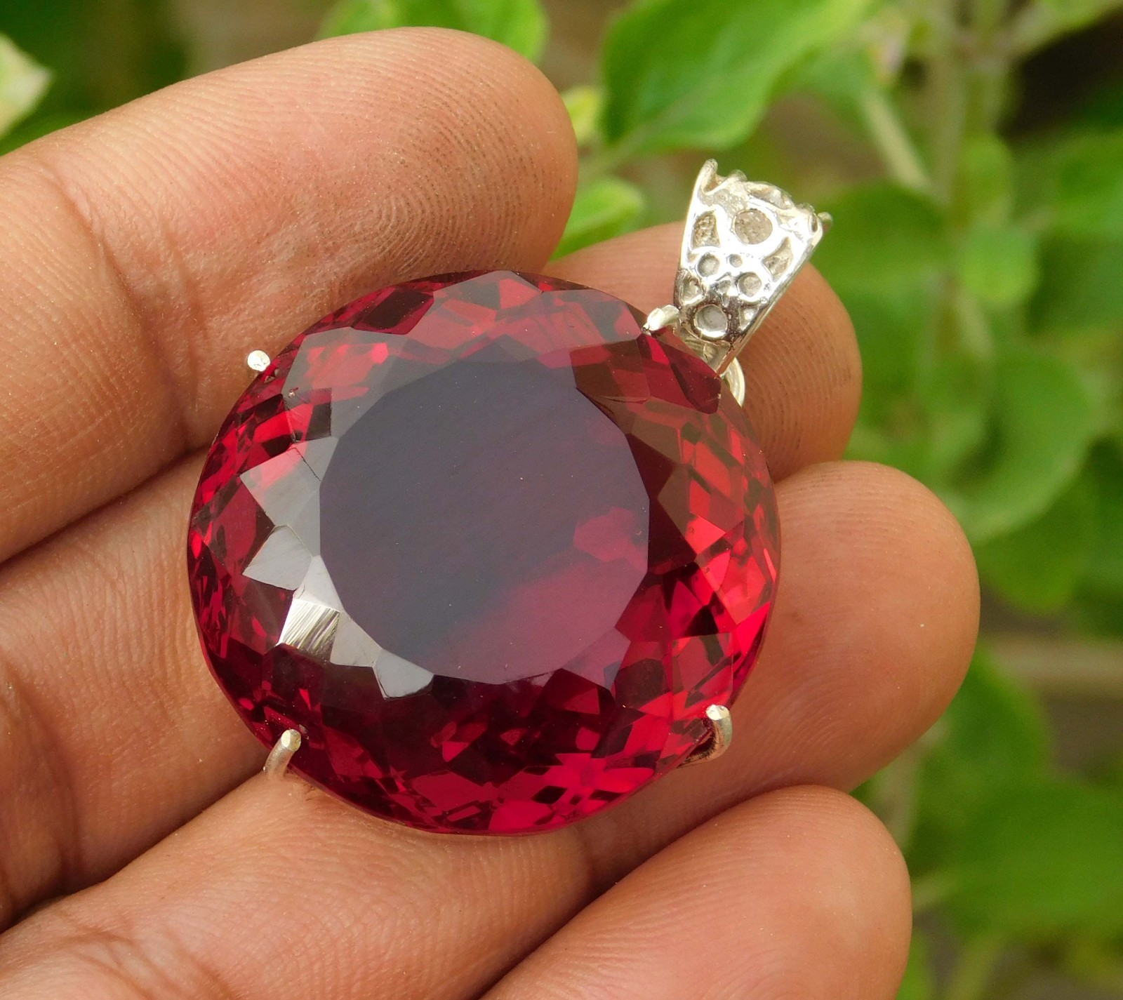 104.15cts. Natural Round Cut Madagascar Red Ruby Sterling silver Pendant