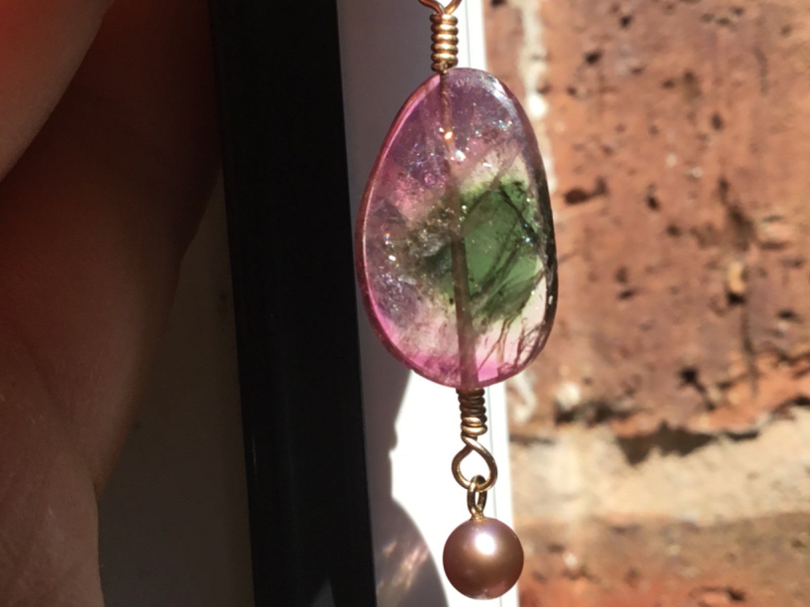 Solid 9ct gold tourmaline slice pendant 9k 375