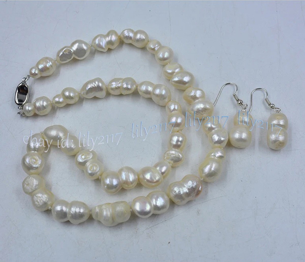 Rare Natural White Freshwater Baroque Double Pearl Necklace Earring Set 14-48 in