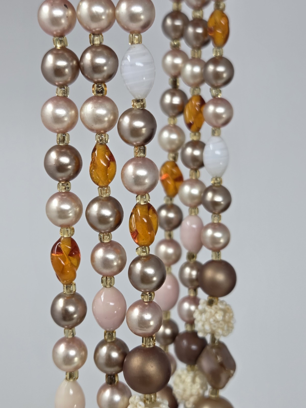 Vintage Triple Strand Taupe Neutrals Faux Pearl Glass Necklace 16-18″ Japan