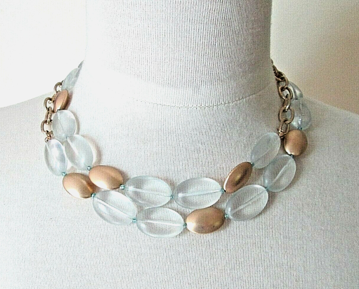 Lucite Clear & Gold Bead Long Chain Necklace 38″ Gold tone Layering