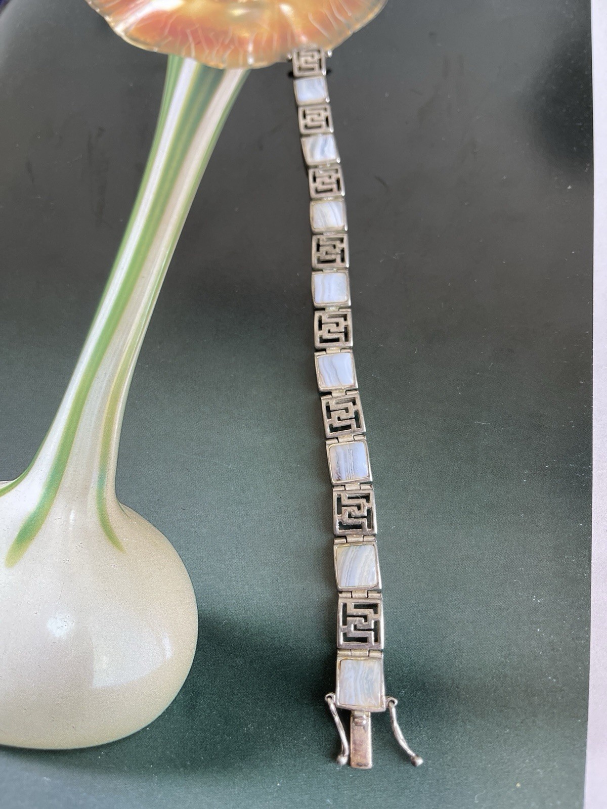 Vintage sterling silver 925 Greek key link bracewith white chalcedony panels