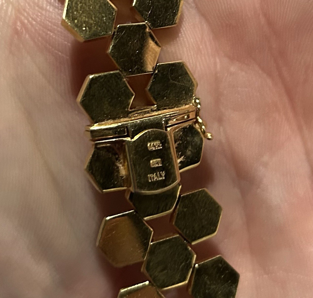 14K Yellow Gold Italy Honeycomb Hexagon Link Necklace 60g Vintage Estate