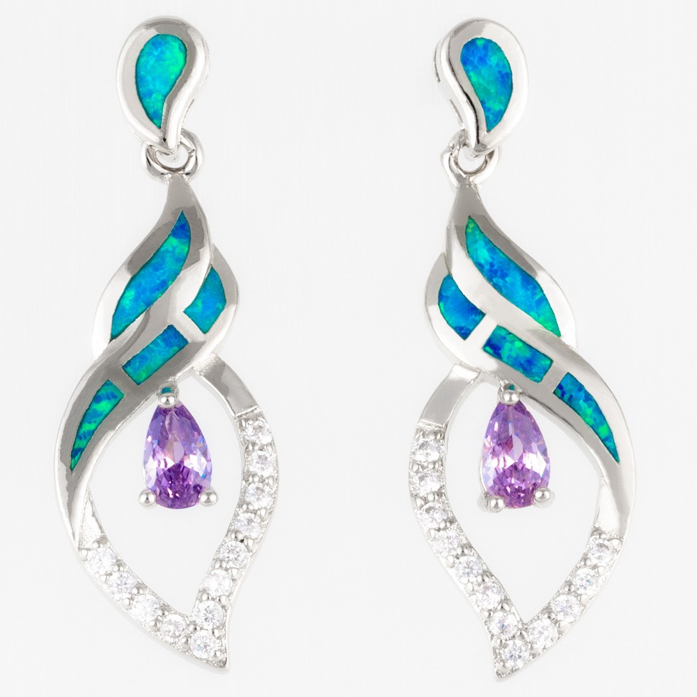 3×5 Pear Simulated Amethyst Blue Fire Opal Silver Jewelry Drop Pierced Earrings