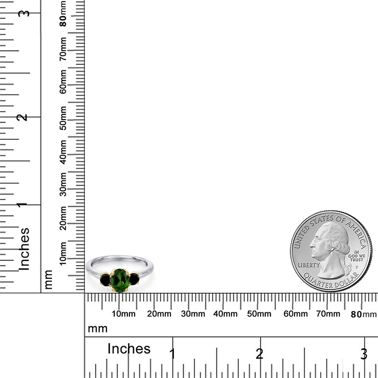 925 Silver and 10K Yellow Gold Green Chrome Diopside and Black Diamond