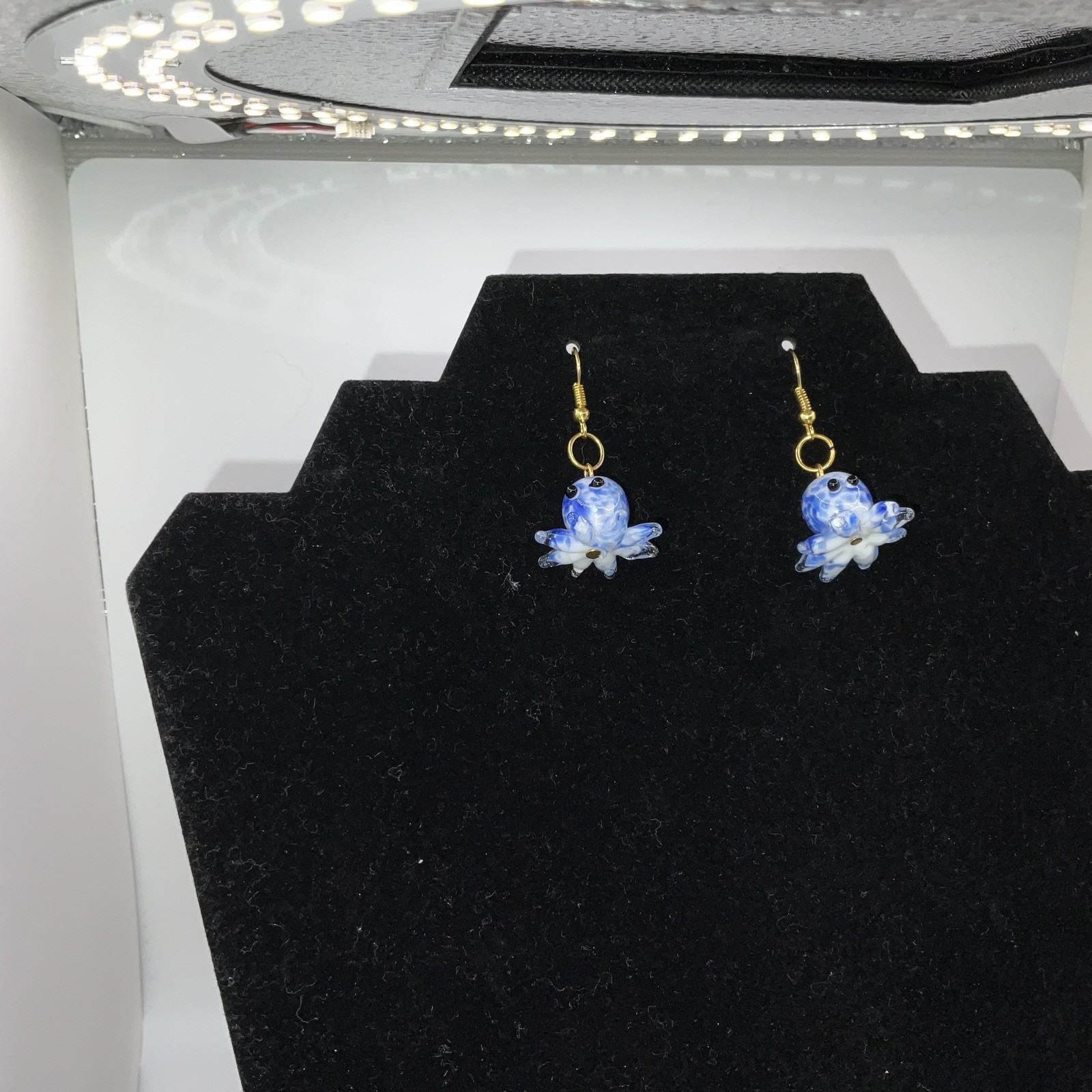 Blue & White Octopus Glass Earrings W/ Backs. Homemade 14k Extra Plated Gold New