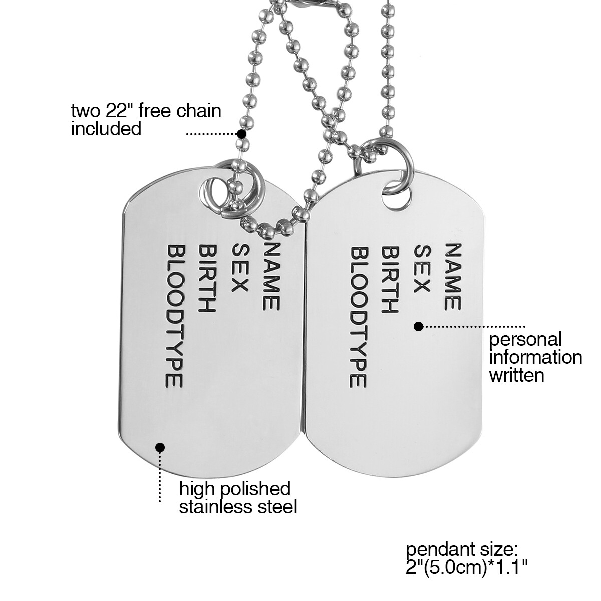 Men’s Simple Army Military Alloy ID 2 Dog Tags Pendant Necklace Chain For Gift