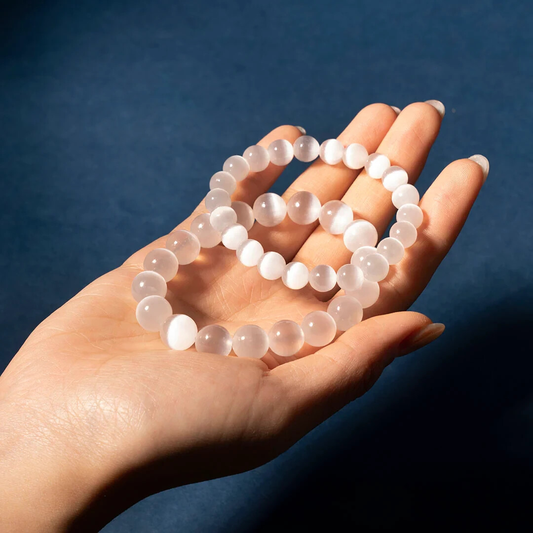 White Selenite Cat Eye Beaded Bracelet Purity Protection Gift For Women Men 8mm