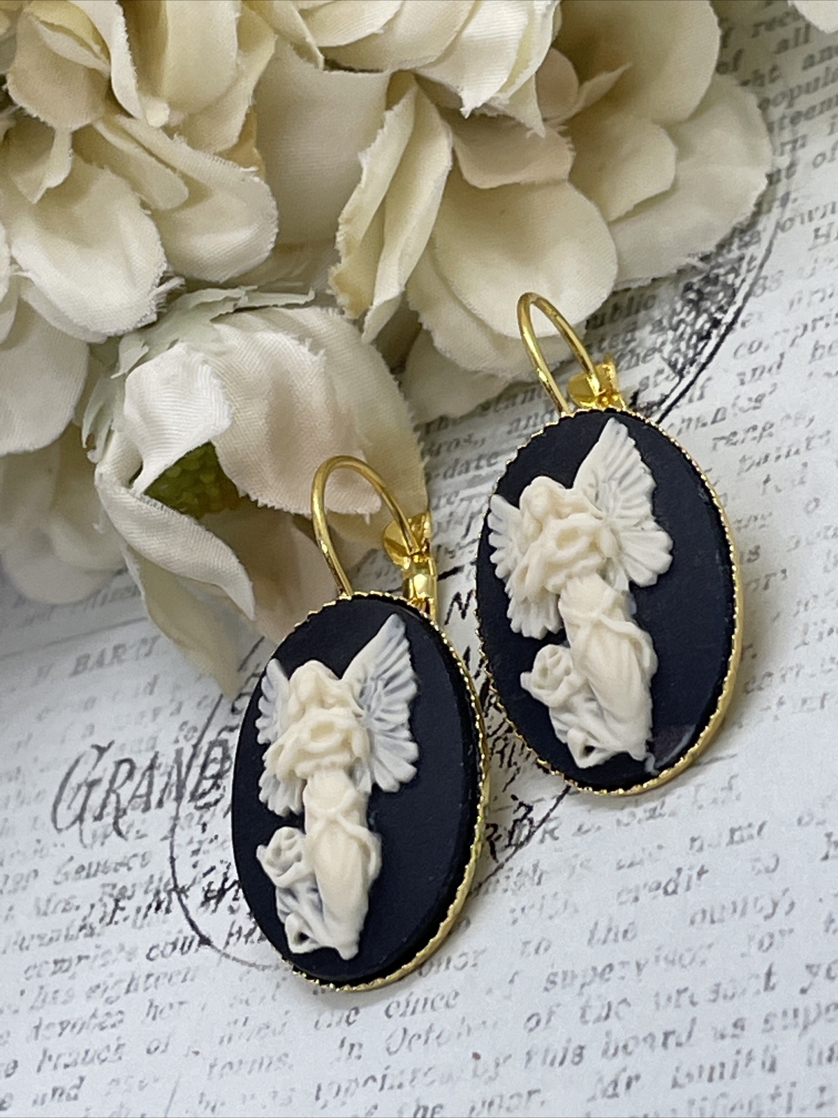 Gold Cream & Black Victorian Angel Wedding Anniversary Earrings Cameo Birthday