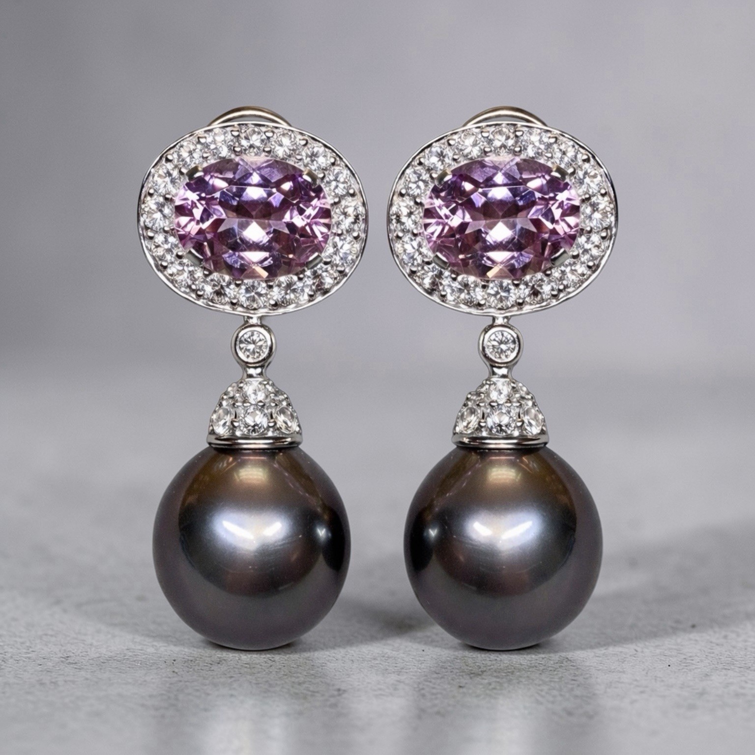 Contemporary 18K White Gold Kunzite Diamond Tahitian Pearl Drop Earrings 6.70ctw
