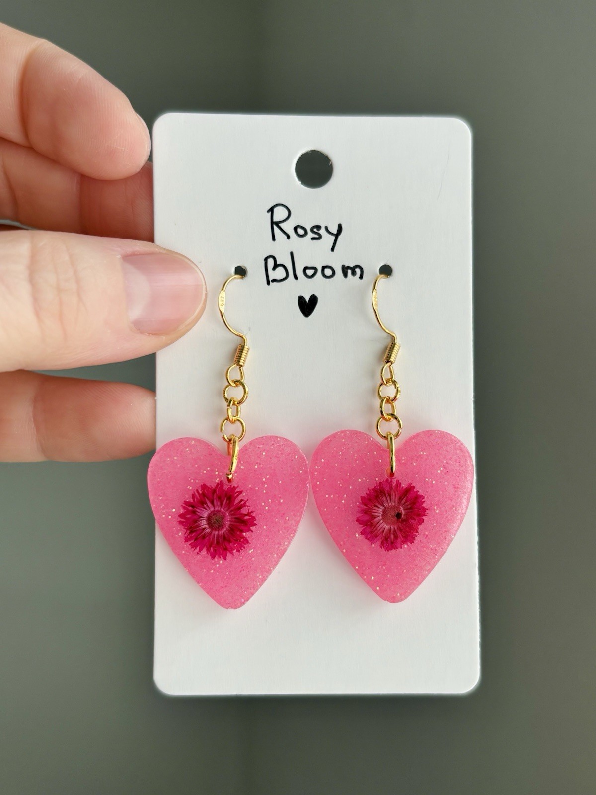 Rosy Bloom Resin Heart Earrings Handmade Real Dried Flower Pink Botanical