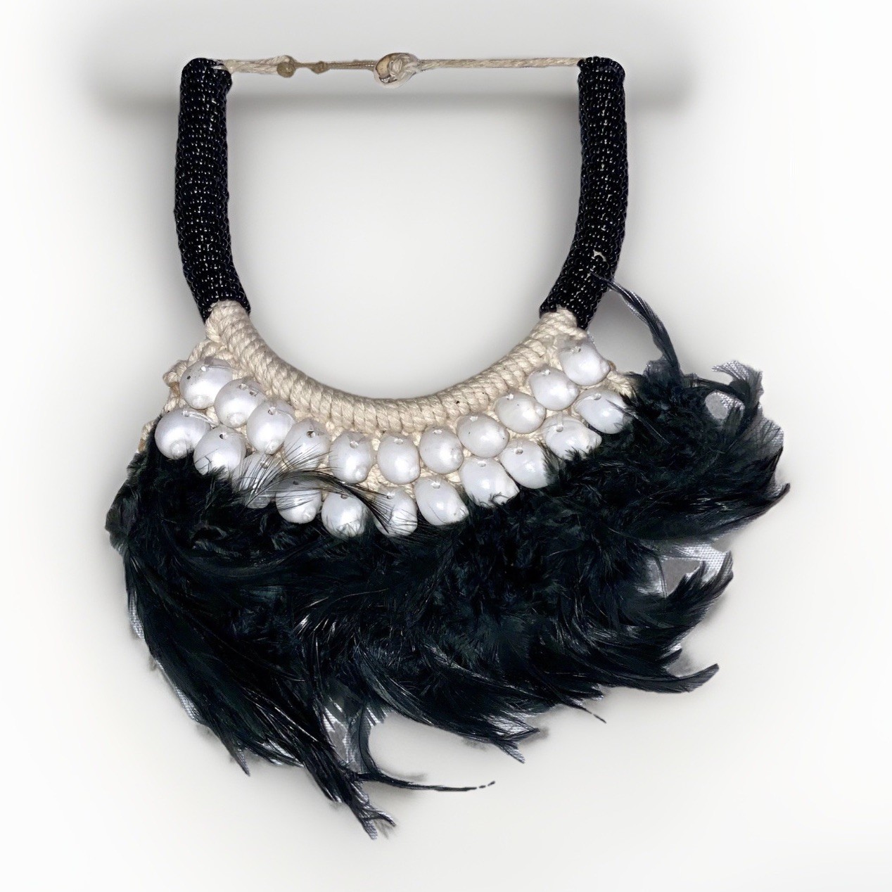 Papua New Guinea Feathered Cowrie Shell Necklace Tribal Band hand weaved Fabric