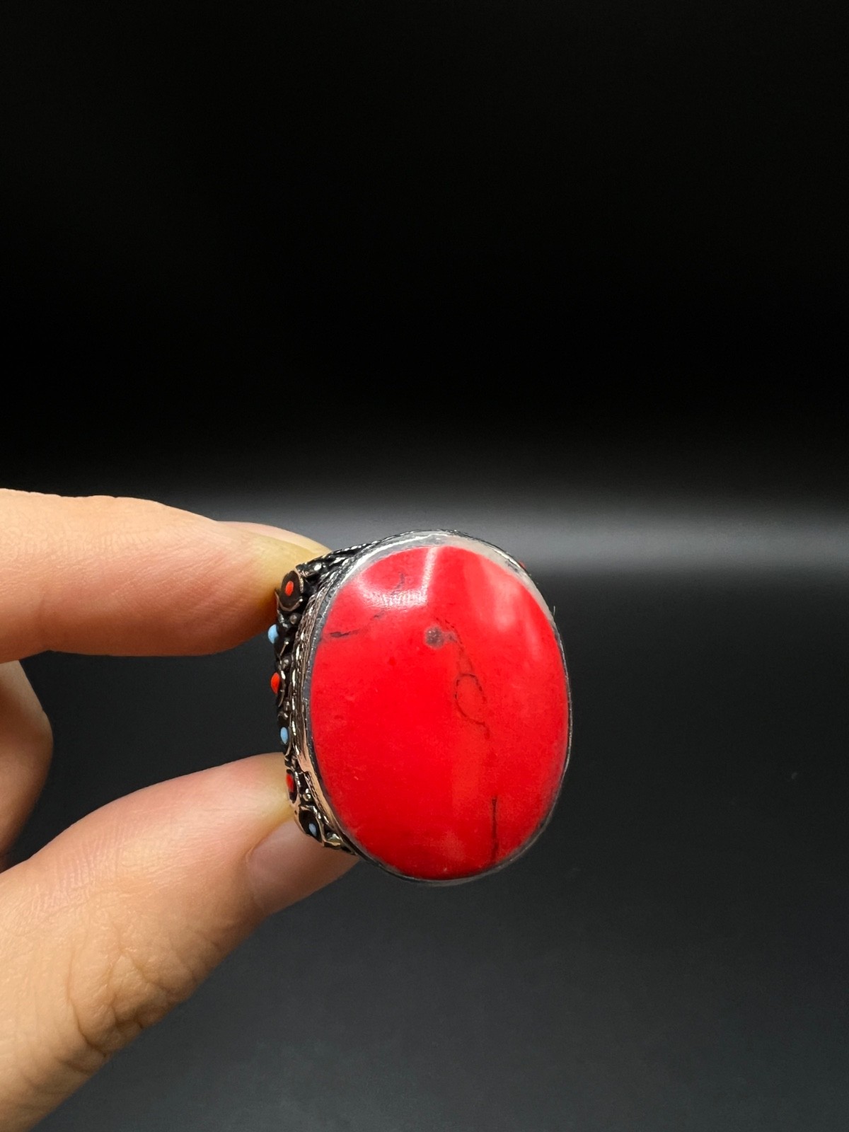 Vintage Red Coral Statement Ring, Large Oval Cabochon Ring, Tibetan Tribal Boho