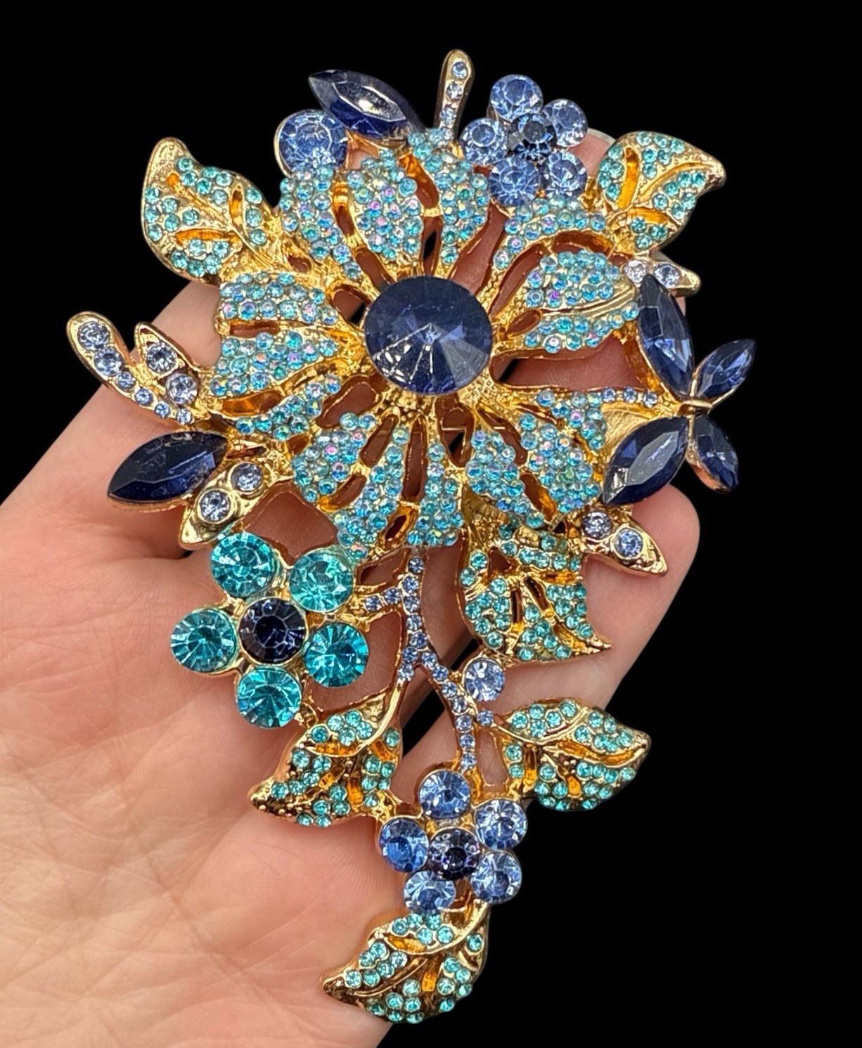 HUGE Blue Flower Brooch Pin Rhinestones Enamel J26