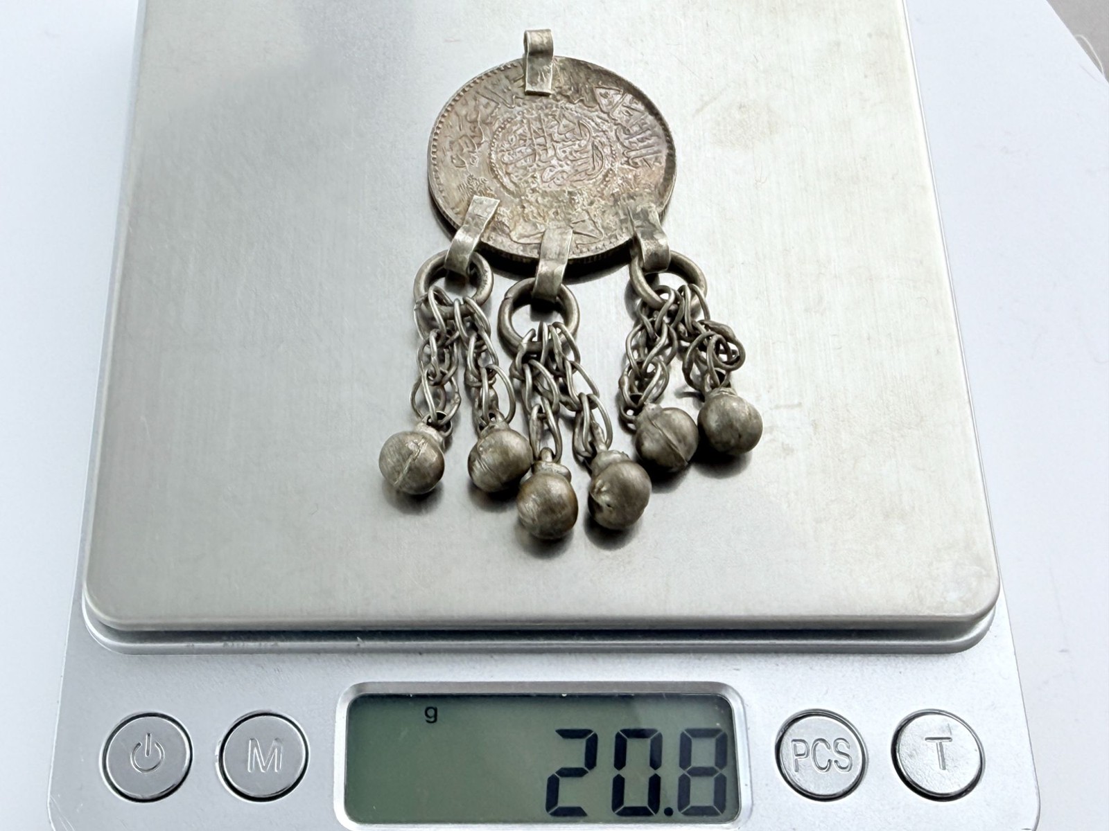 Vintage 1 Riyal Silver Coin with 6 Bell Tassels Pendant from Saudi Arabia 20g