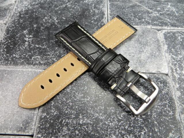 New 22mm Leather Watch Band Black Tang Tongue Strap for fits PANERAI White