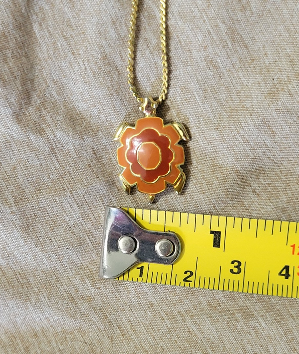 Gold Tone Orange & Terracotta Red Enamel Turtle Pendant Necklace