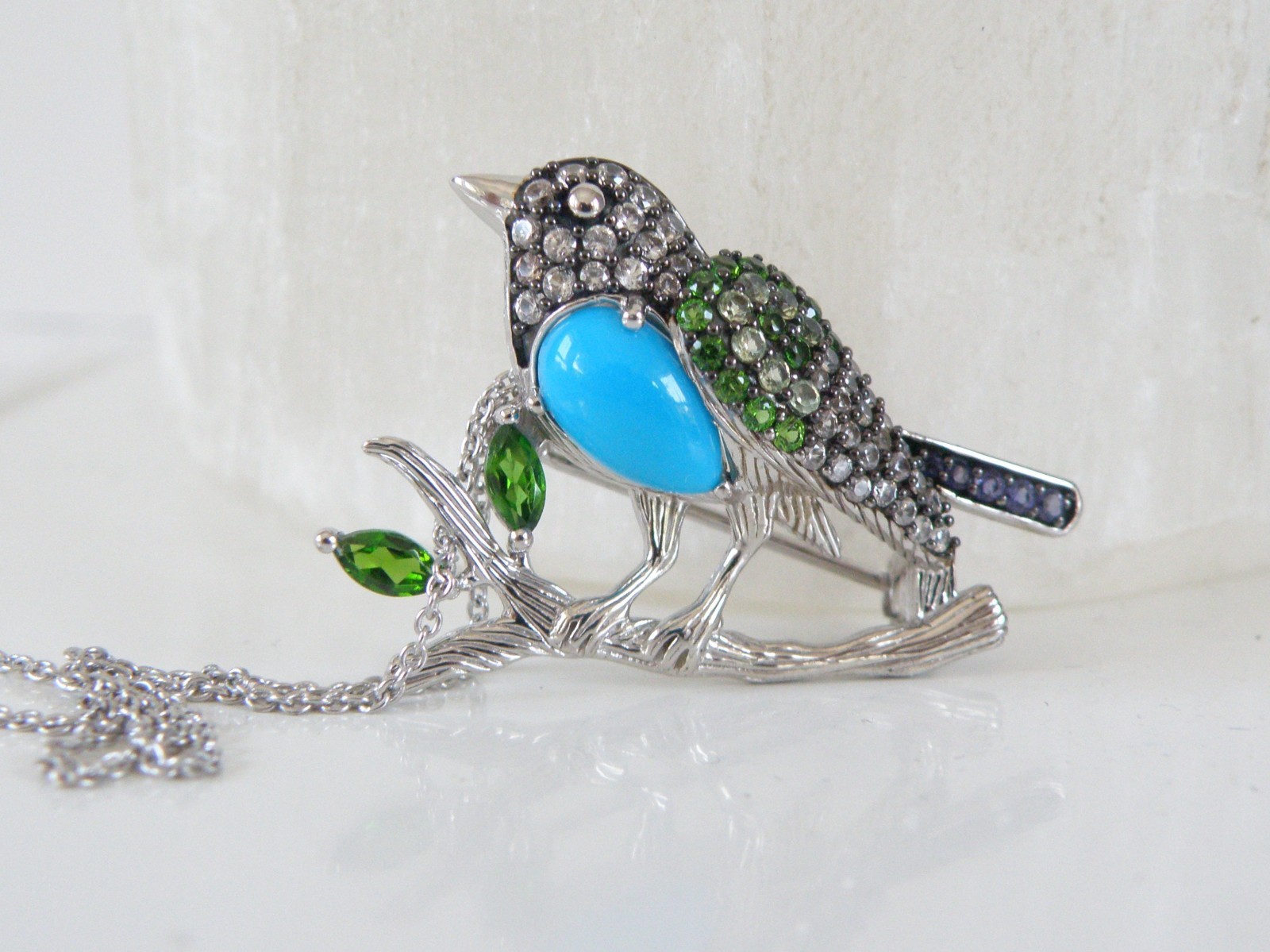 Victoria Wieck Sterling Silver 925 Turquoise Gemstone Bird Brooch Slide Necklace