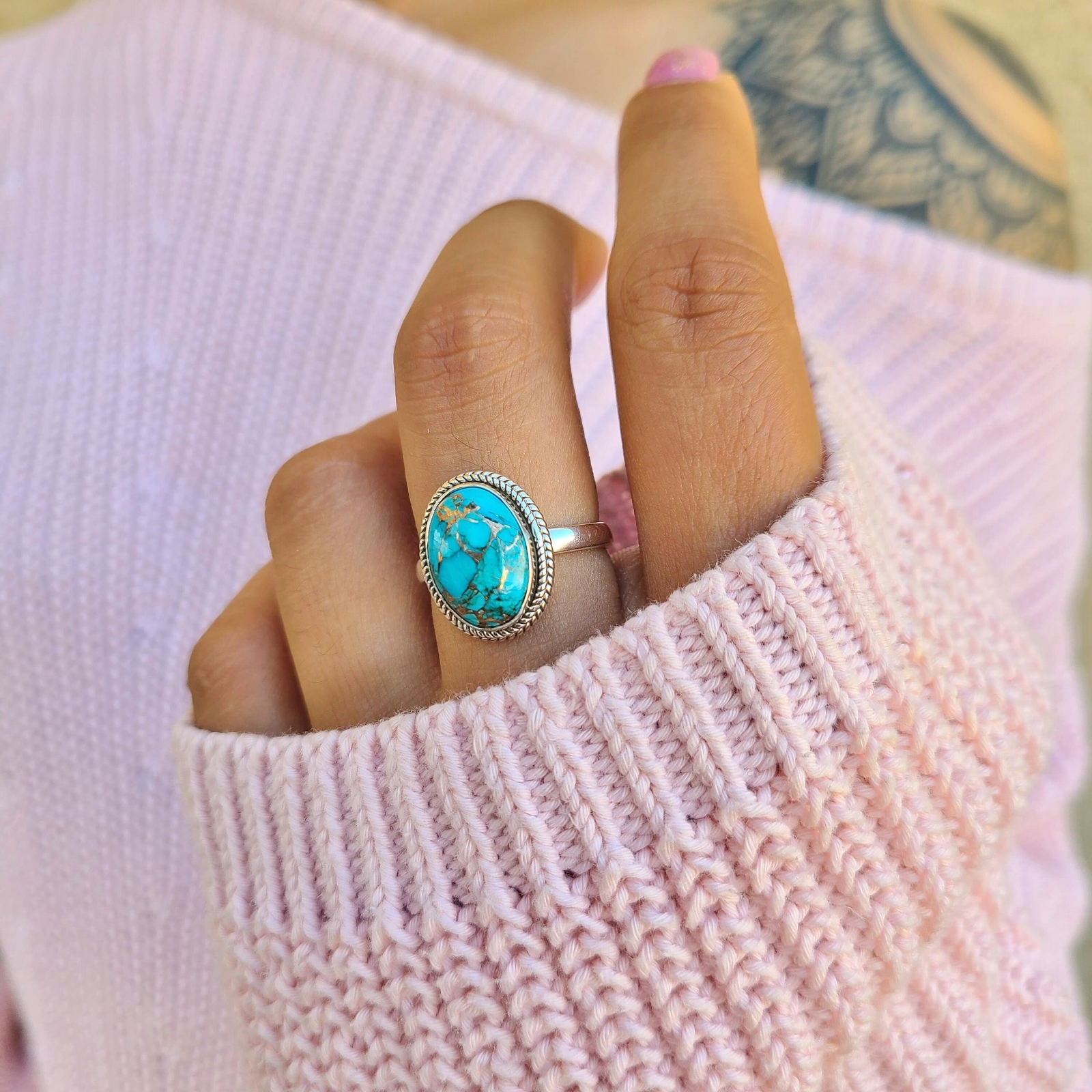 Genuine Copper Turquoise Ring 925 Sterling Silver Ring Hand Made Ships From USA