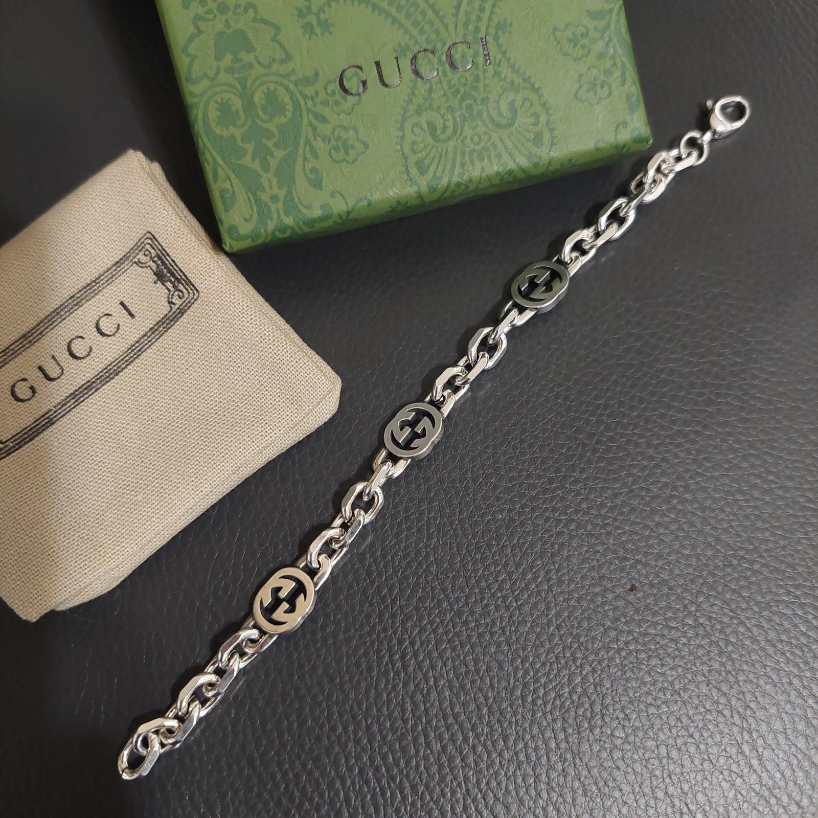 Gucci 925 Silver GG Oval Link Chain 18 Bracelet 7″