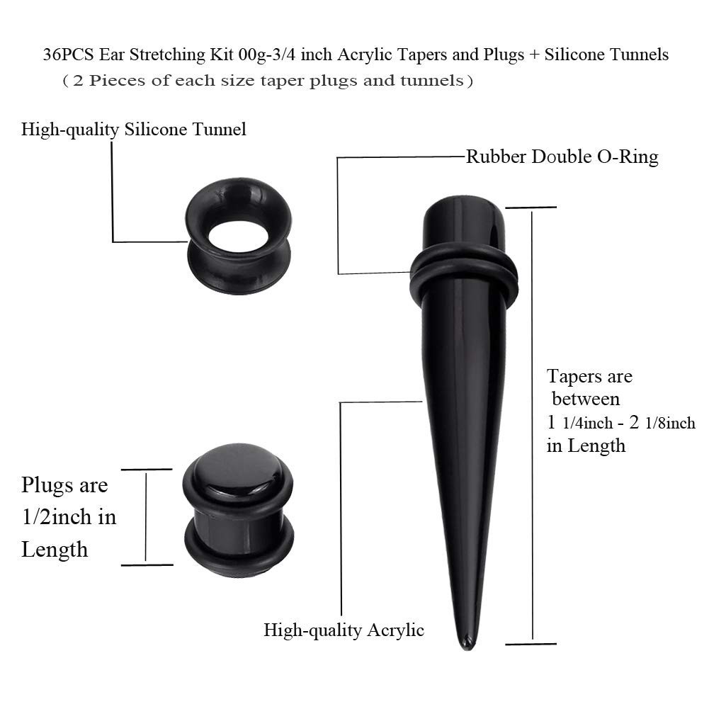 36-Piece Ear Stretching Kit – Acrylic Tapers, Silicone Tunnels & Plugs 00G-20mm