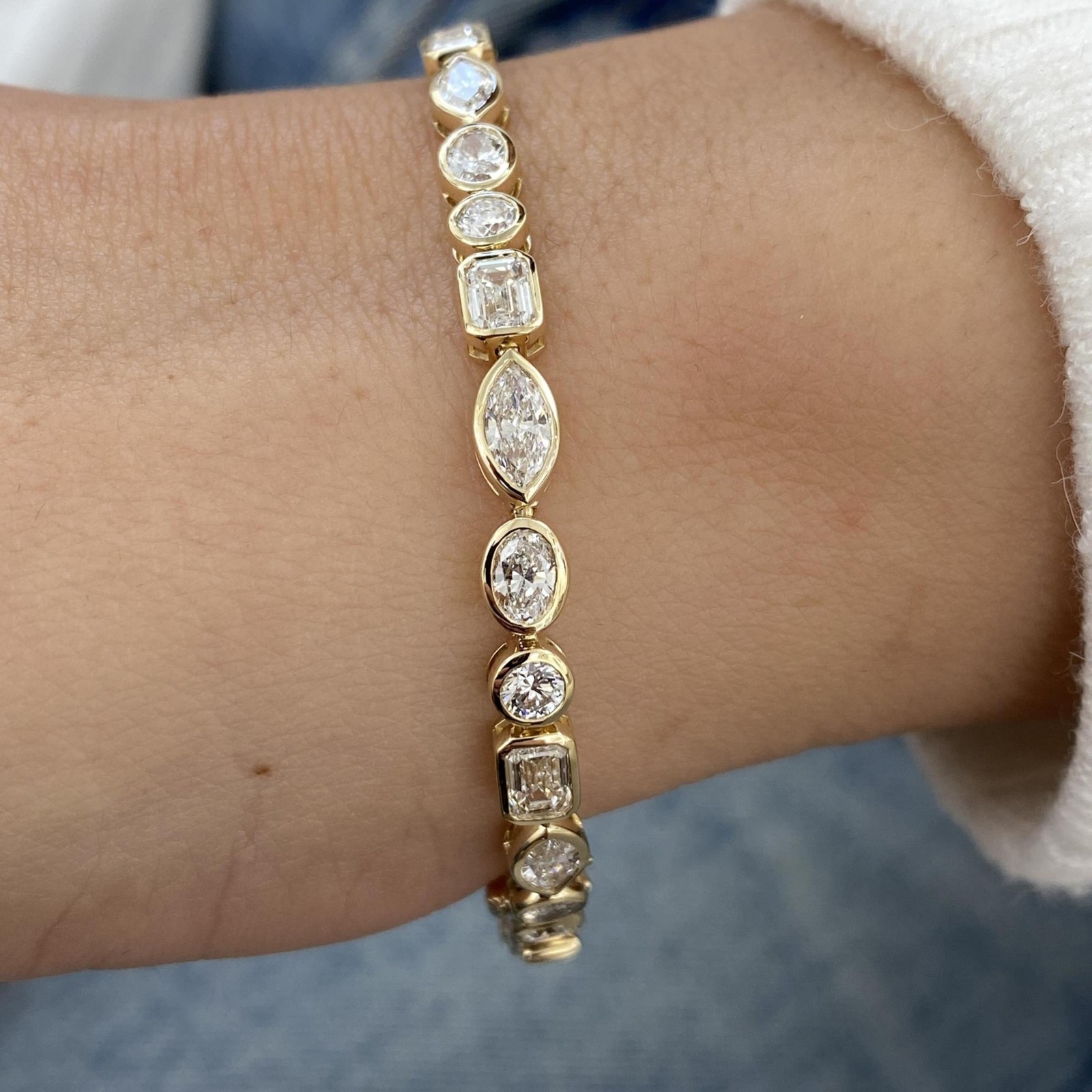 14k Solid Yellow Gold Lab Grown Diamond Multi Cut Bezel Style Tennis Bracelet