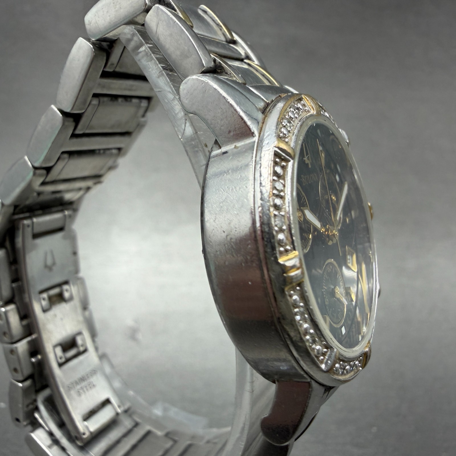 Bulova Chronograph Watch Women 30mm Black Dial Two Tone Date 98W15 New Battery