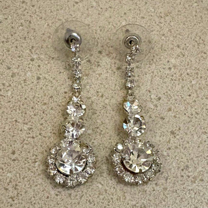 Silver-Tone Clear Crystal Rhinestone Teardrop Dangle Earrings Butterfly