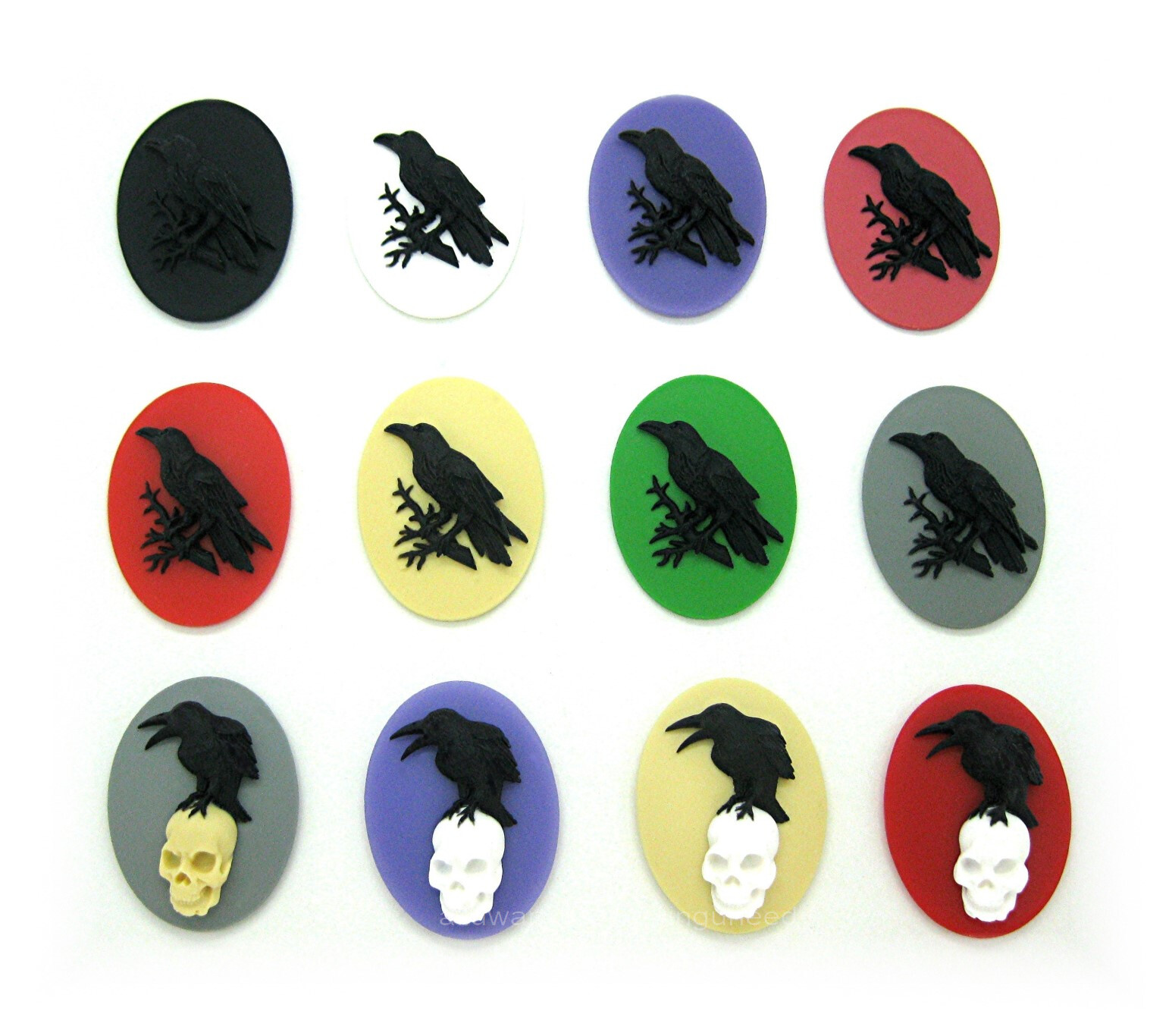 12 Multi Color BLACK BIRD CROW and RAVEN & SKULL 30mm x 20mm GOTH EMO CAMEOS Lot