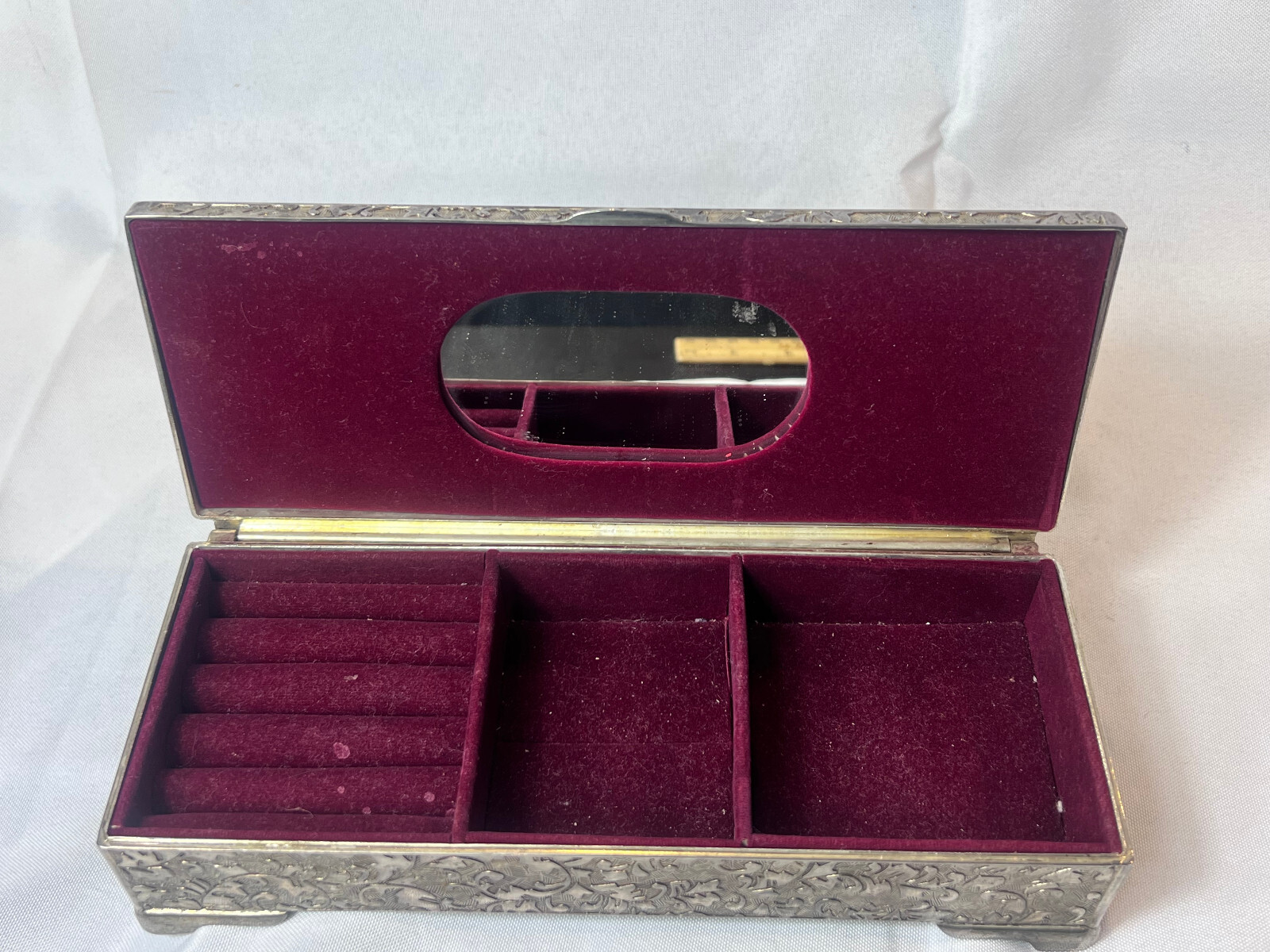 Vtg Silver Tone Jewelry Box Mirrored Dresser Vanity Table Top Lined Case