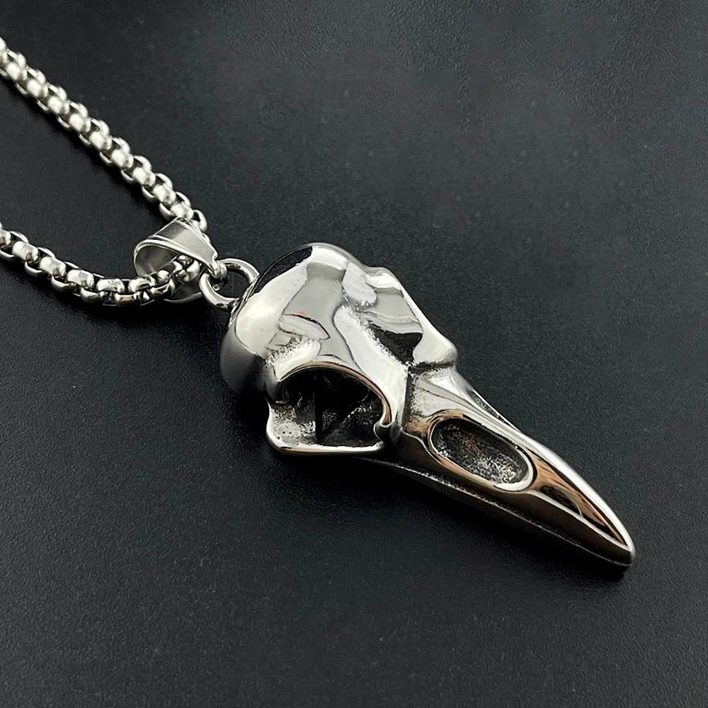 Retro Viking Raven Skull Pendant Necklace Mens 316L Stainless Steel Crow Norse