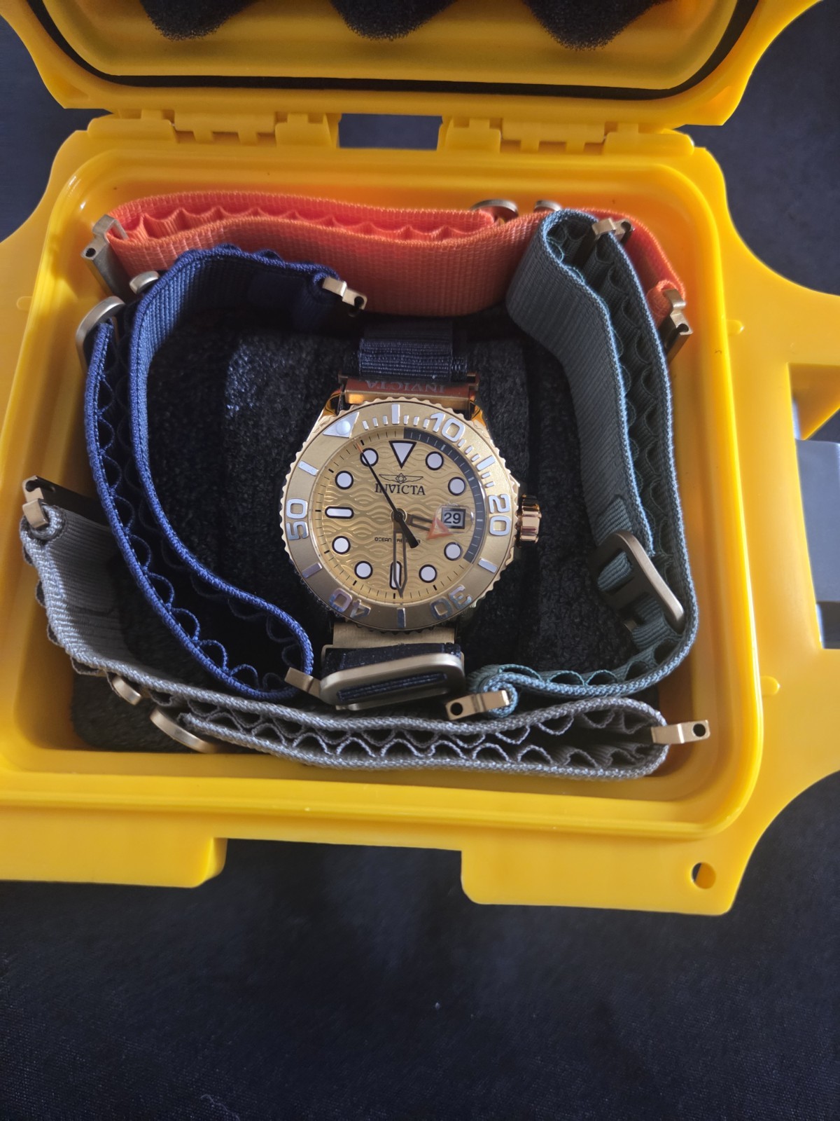 Invicta Ocean Predator Quartz Diver Watch Gold Tone Date Black NATO w/ Box