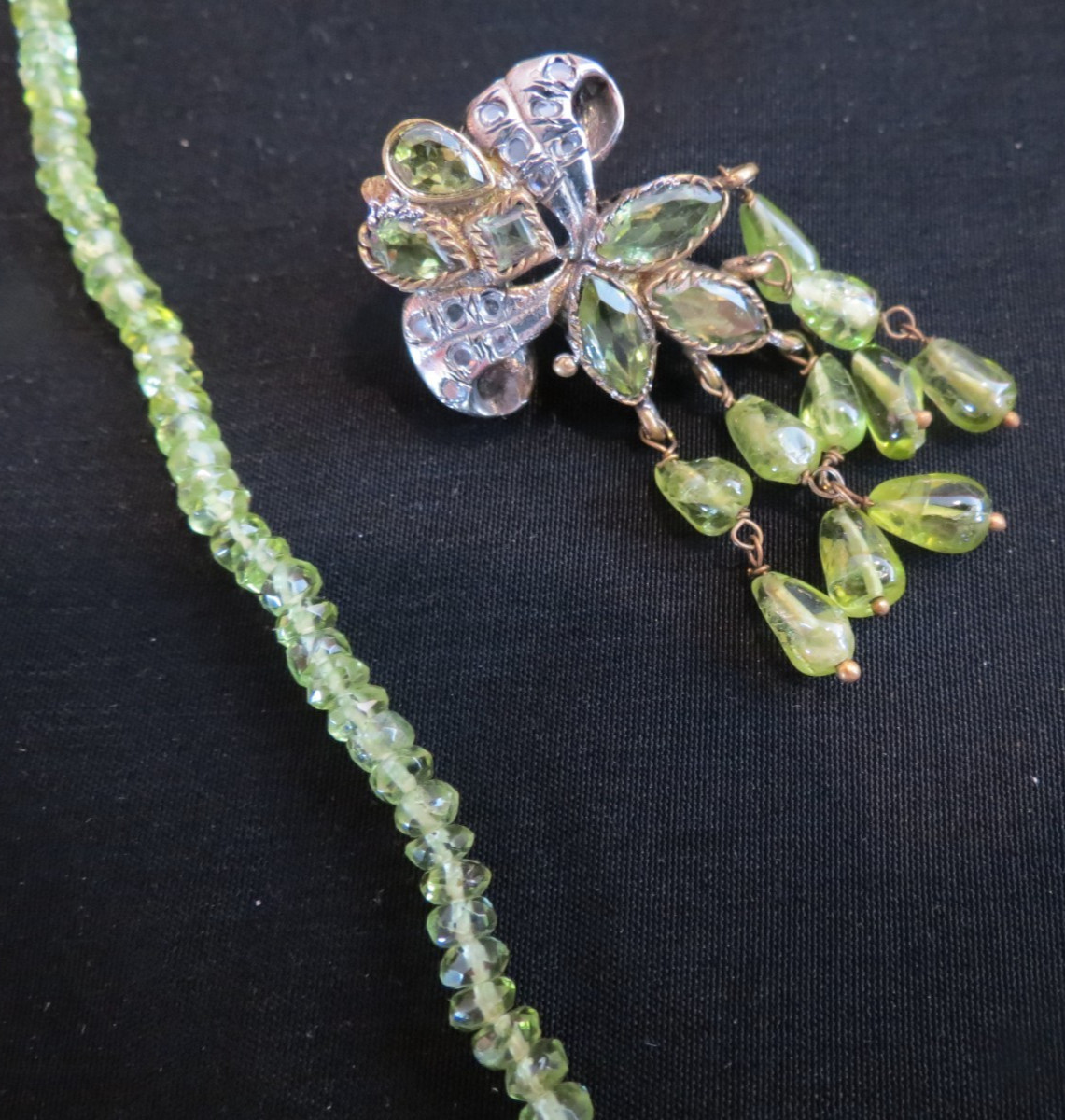Vtg Chinese Export Green Glass Beads Silver Dangle Necklace & Pierced Earrings