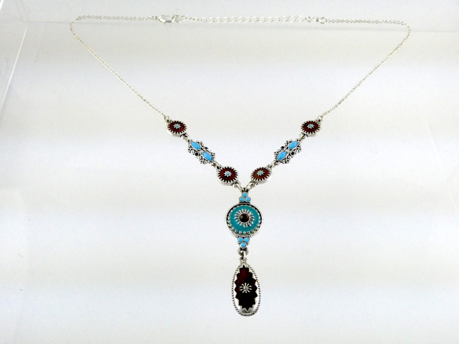 NAT Designer Southwestern Silvertone Metal and Enamel Blue and Brown Necklace
