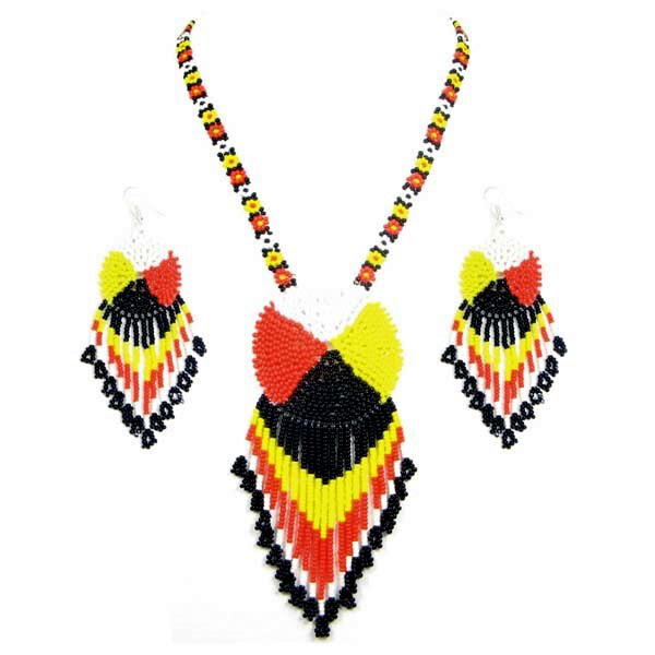 Native style Black Yellow Red Black Beaded Medicine Wheel Necklace Earrings