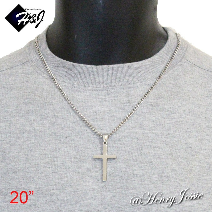 18-36″Stainless Steel 3mm Silver Cuban Curb Chain Necklace Plain Cross Pendant*P