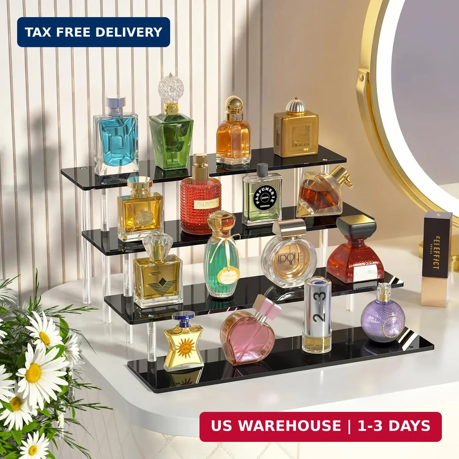 4 Tier Acrylic Display Risers, Black Perfume Organizer Stand, Large Cupcake Stan
